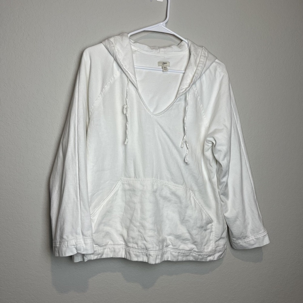 J Jill T-Shirt Womens Small Petite White Hooded V Neck Long Sleeve Tunic Top